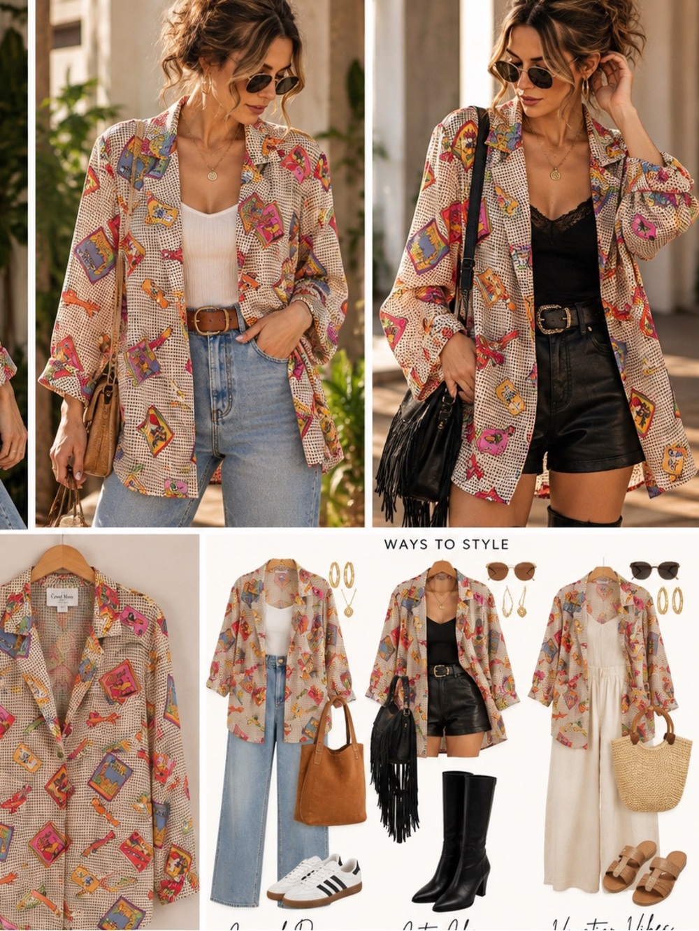 Carol Horn Workshop Vintage Silk Blouse in Cream with Multicolor Travel Print